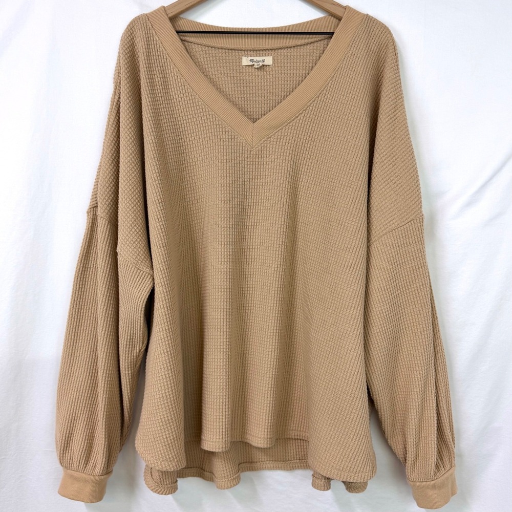 MADEWELL Tan Waffle Knit V Neck Long Sleeve Sweater Plus 4X Neutral Pullover